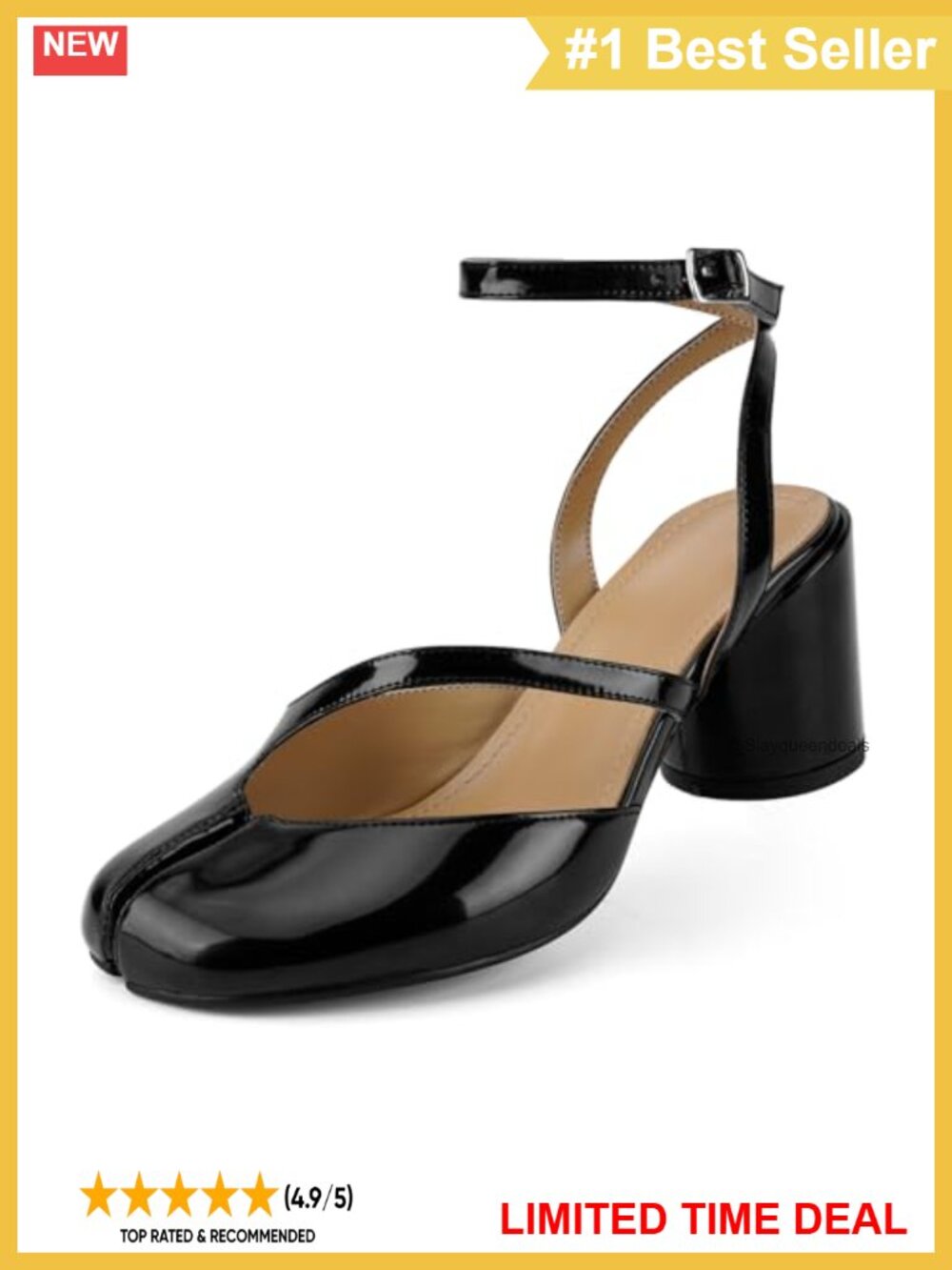 Chunky Block High Heels Split Toe Pumps Ankle Strap Faux Leather